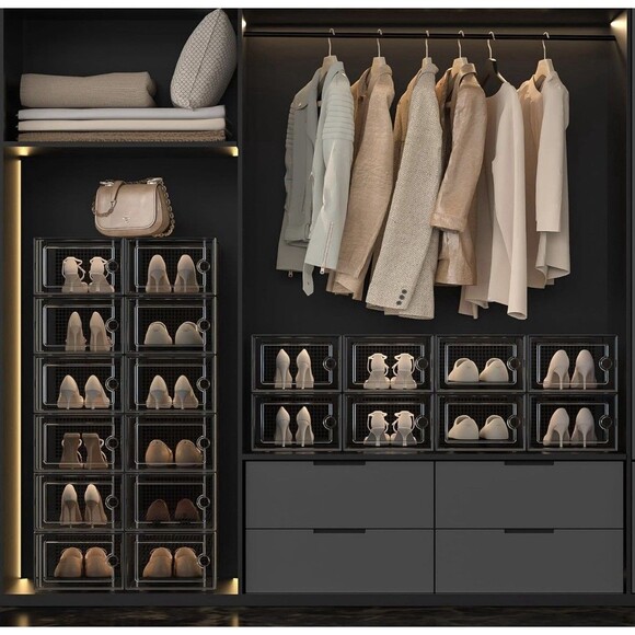 Kuject X-Large Shoe Storage Boxes Organizers Plastic Stackable 12 Pack, Black - Picture 3 of 9